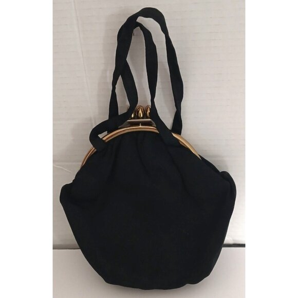 Vintage Black Material Handbag Purse Bag Classy Golden Tone Hardware - Picture 2 of 9